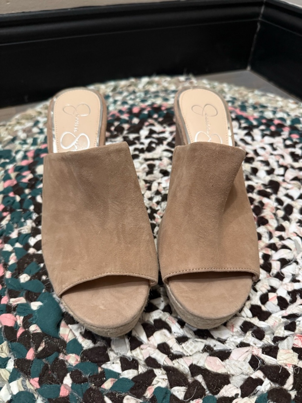 Jessica Simpson Tan Suede Open-Toe Wedge Mules